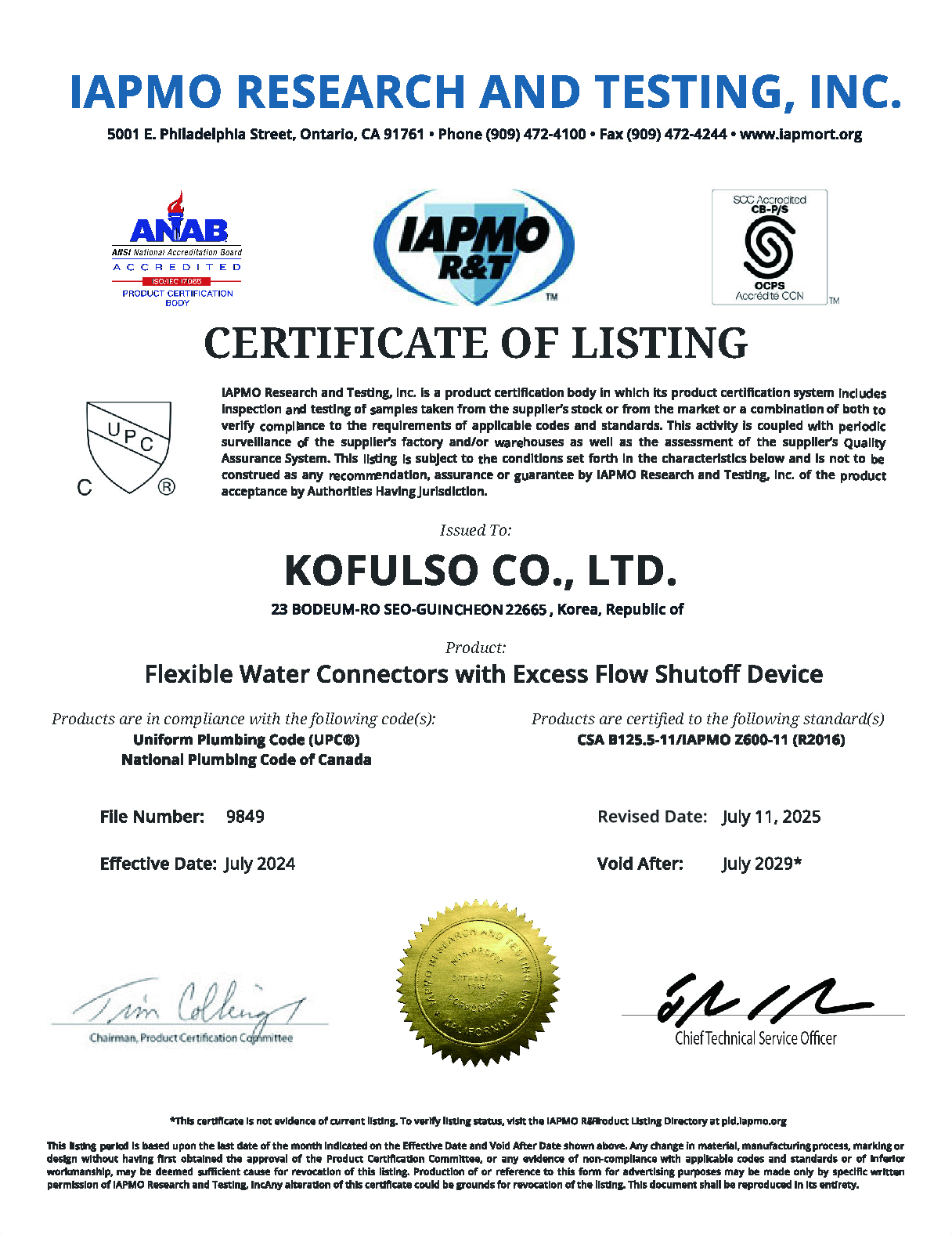 FWC with excess flow shutoff device